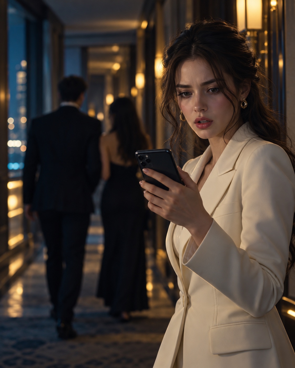 AI-generated fictional short-drama scene: a woman discovers a message on her phone